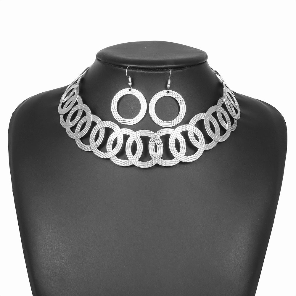 Metallic African Necklace and Earring Set with Circular Collar