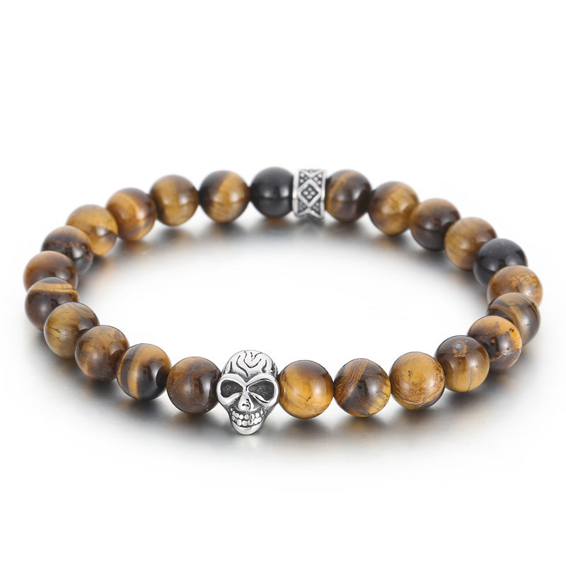 Turquoise Handmade Beaded Bracelet with Punk Skull, Tiger's Eye, and Agate Beads for Men