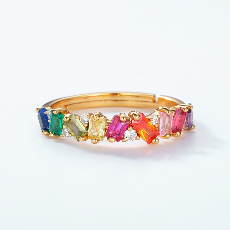 Rectangle Rainbow Zircon  Silver Ring