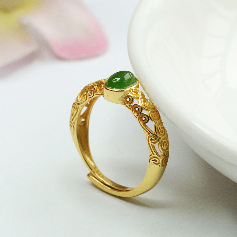 Favorable Fortune S925 Silver Ring with Natural Hotan Jade and Jasper Insets