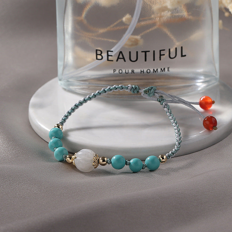 Women's Sterling Silver Braided Bracelet with Natural Turquoise, Red Agate, and Jade Beads