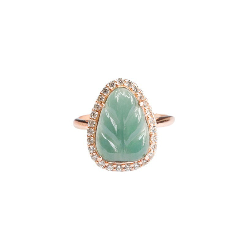 Ice Blue Green Leaves Jade Sterling Silver Ring