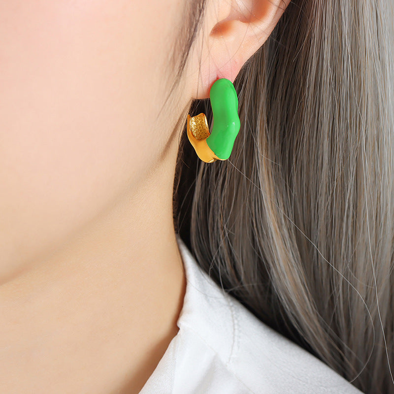 Green Retro C-Shaped Titanium Earrings