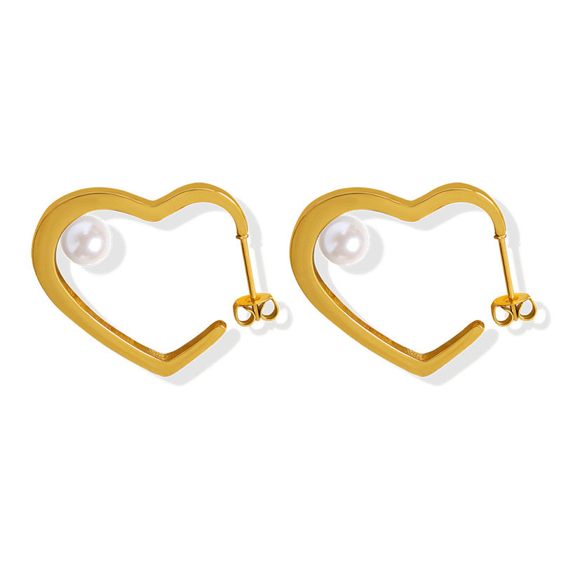 Cold Breeze Earrings: Delicate Peach Heart Pearl Titanium Gold Jewelry