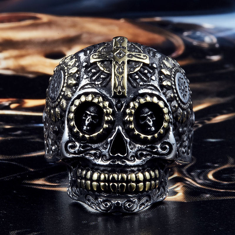 Titanium Steel Skull Cross Ring for Men - Retro European and American Design