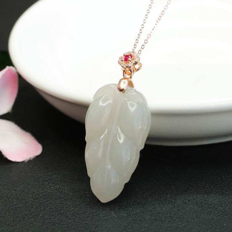 Leaf Jade and Zircon Flower Sterling Silver Necklace with Hotan Jade Pendant