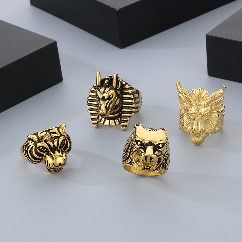 Zodiac Power Men's Ring: Retro Stainless Steel Animal Head Design Featuring Tiger, Wolf, and Sheep