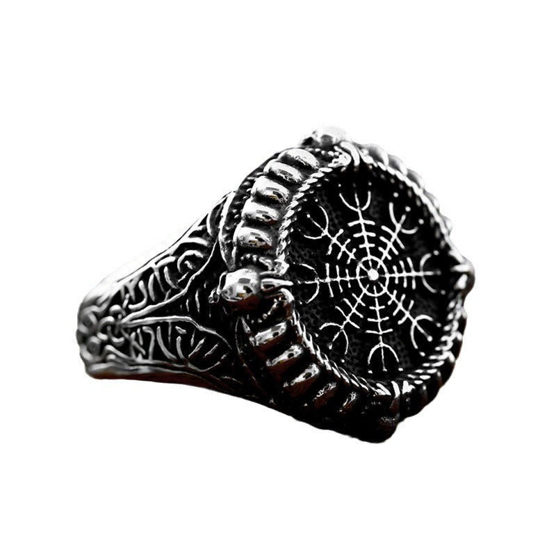 Nordic Viking-Inspired Stainless Steel Skull Ring with Compass for Men