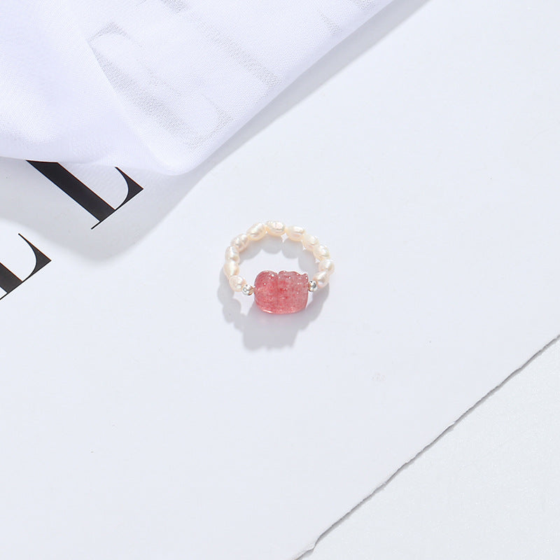 Strawberry Crystal and Pearl Sterling Silver Ring with Pixiu Design