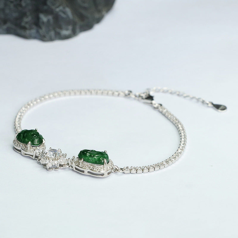 Emperor Green Pixiu Sterling Silver Bracelet with Natural Jade