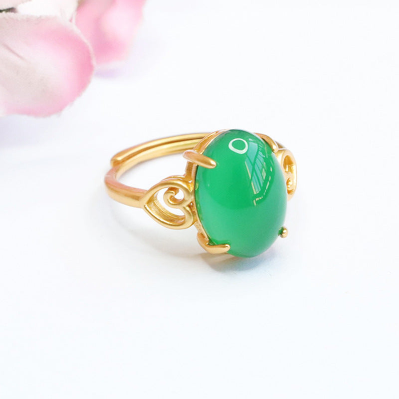 Green Chalcedony Sterling Silver Retro Hollow Ring