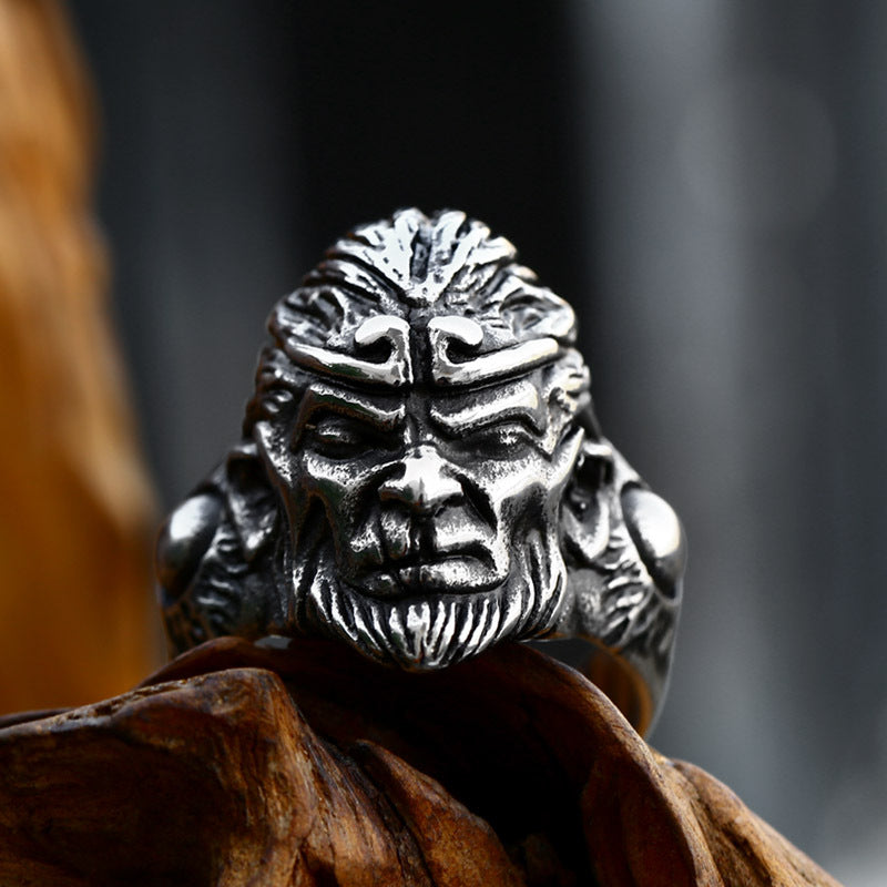 Retro Titanium Steel Men's Ring - Wukong Monkey King Design, Wholesale Fashion Accessory for Men