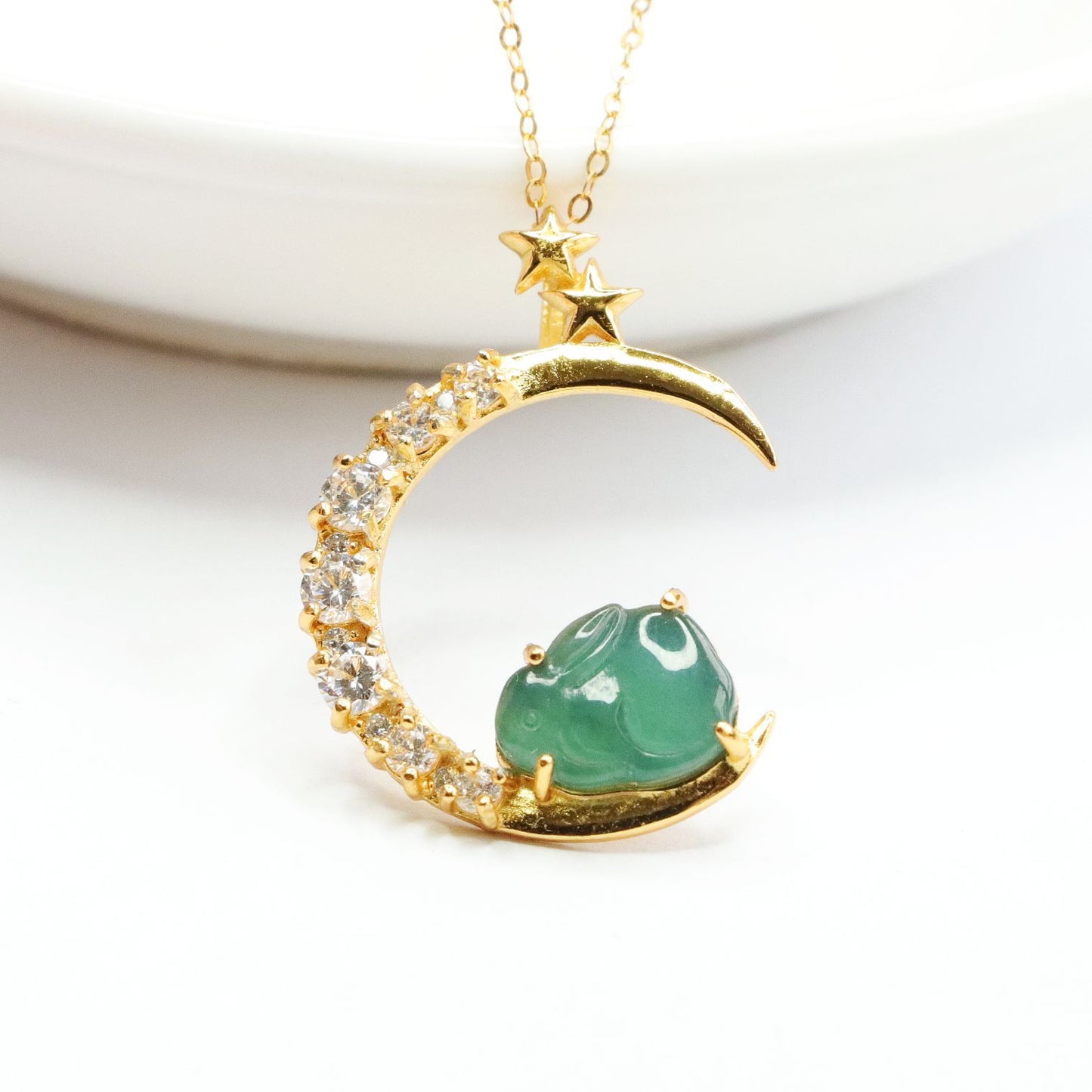 S925 Sterling Silver Necklace with Ice Blue Green Jadeite Rabbit Pendant and Zircon Moon