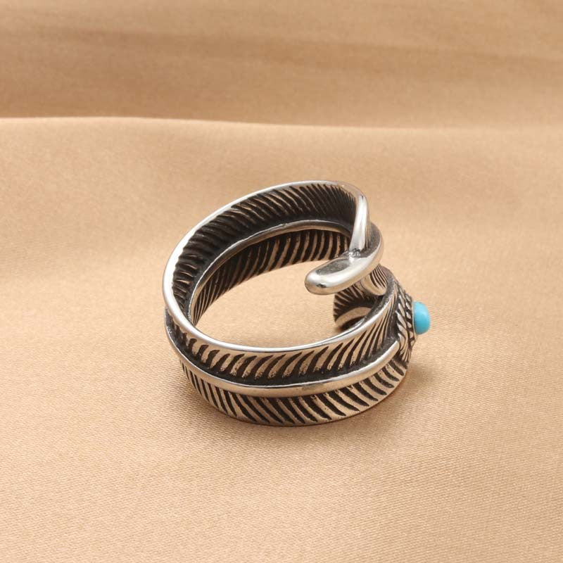 Titanium Steel Turquoise Animal Feather Ring - Retro Trendy Men's Accessory