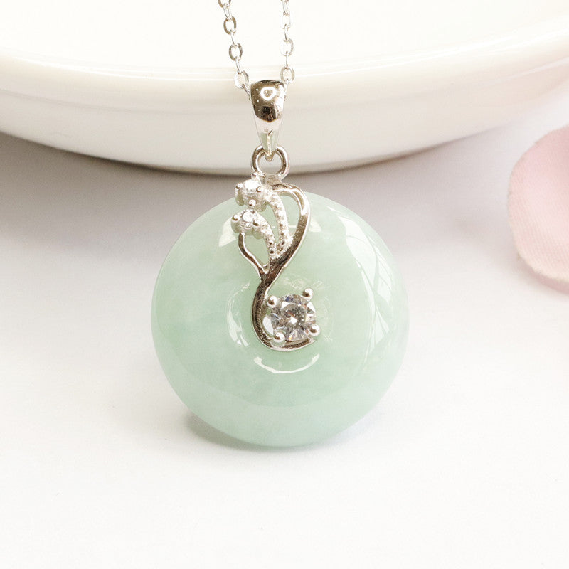 Sterling Silver Jadeite Ping An Necklace with Fortune's Favor Charm