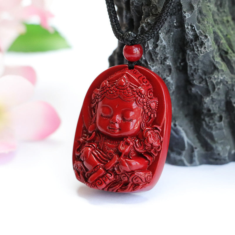 Baby Tara Buddha Purple Gold Sand Pendant with Cinnabar Stone