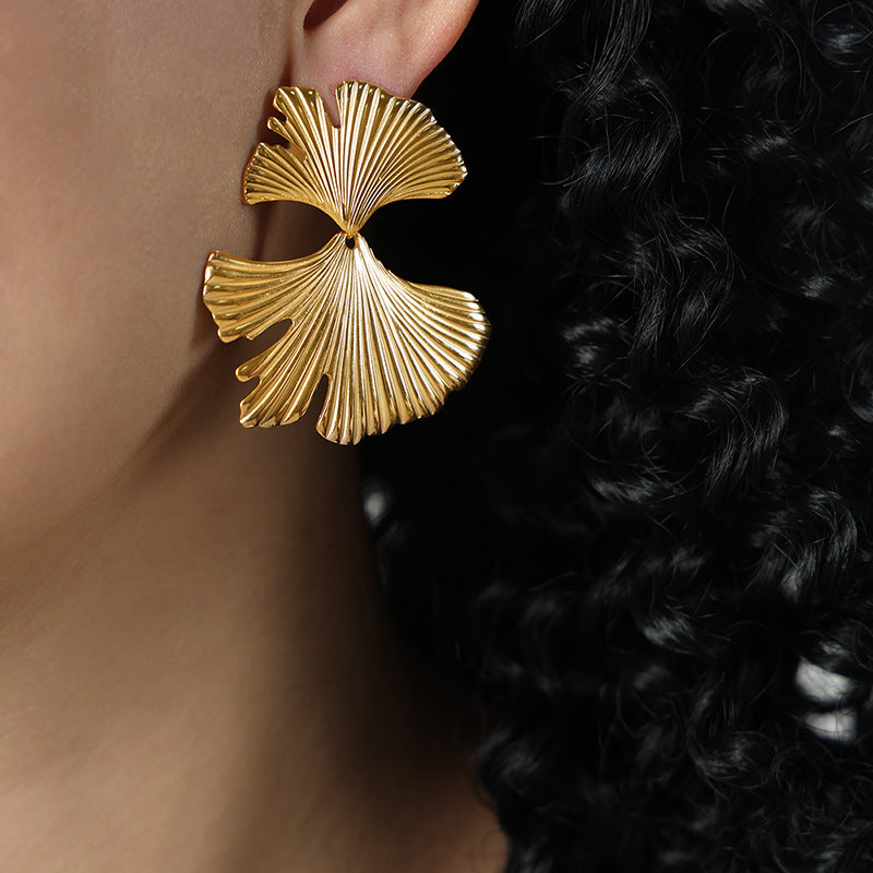 Titanium Steel Gold-Plated Ginkgo Biloba Earrings for Women