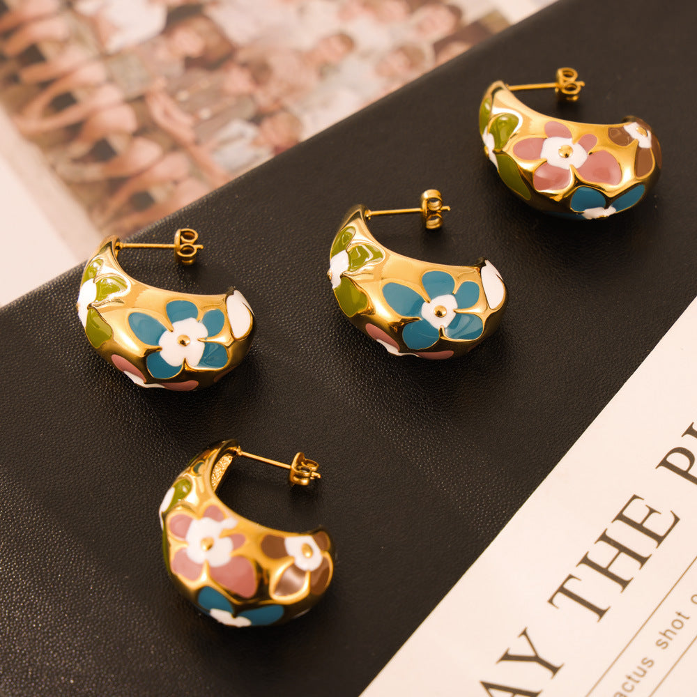 Korean Elegance Titanium Steel Gold-Plated Flower Earrings