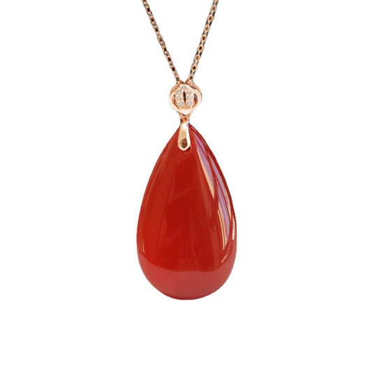 Rose Gold Necklace with Red Agate and Jade Chalcedony Water Droplet Pendant