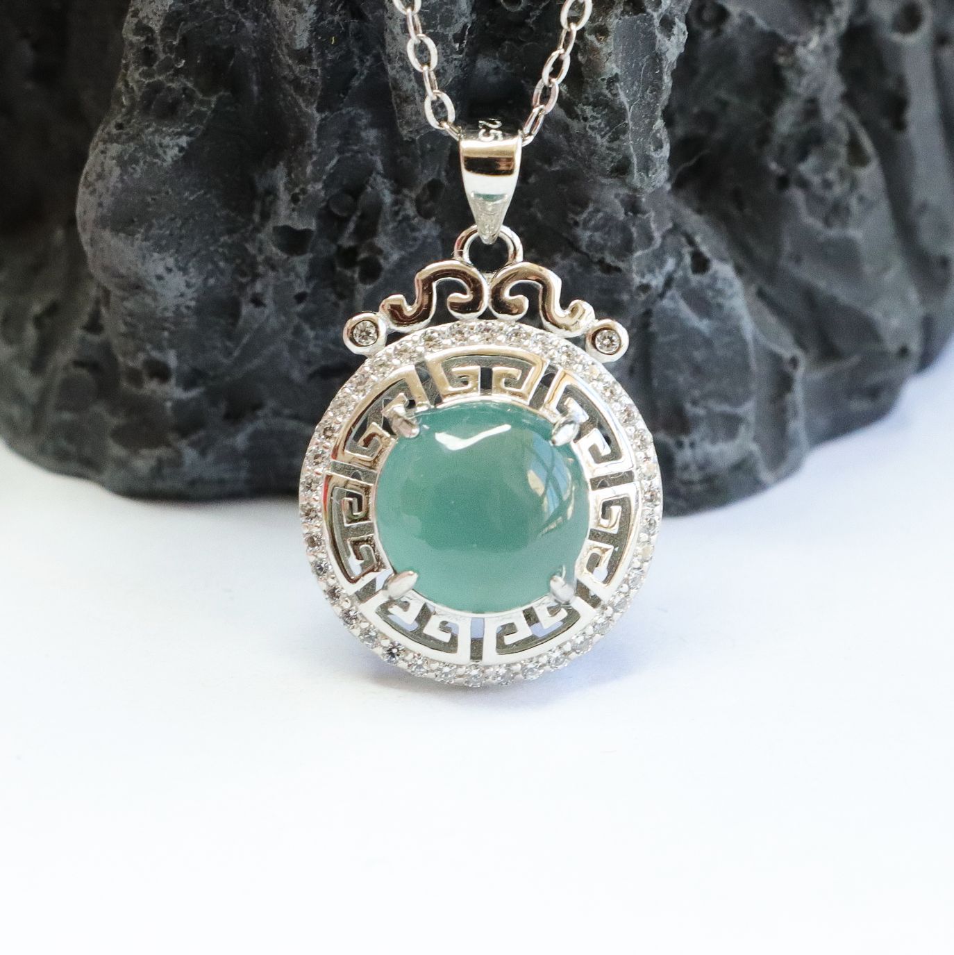 Sterling Silver Necklace with Natural Jade Beads and Hollow Circle Pendant