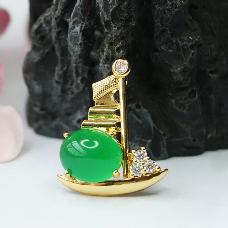 Emperor Green Chalcedony Round Bead Zircon Sailboat Pendant