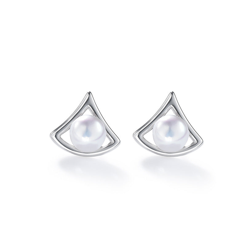 Round Freshwater Pearl Triangle Sterling Silver Stud Earrings