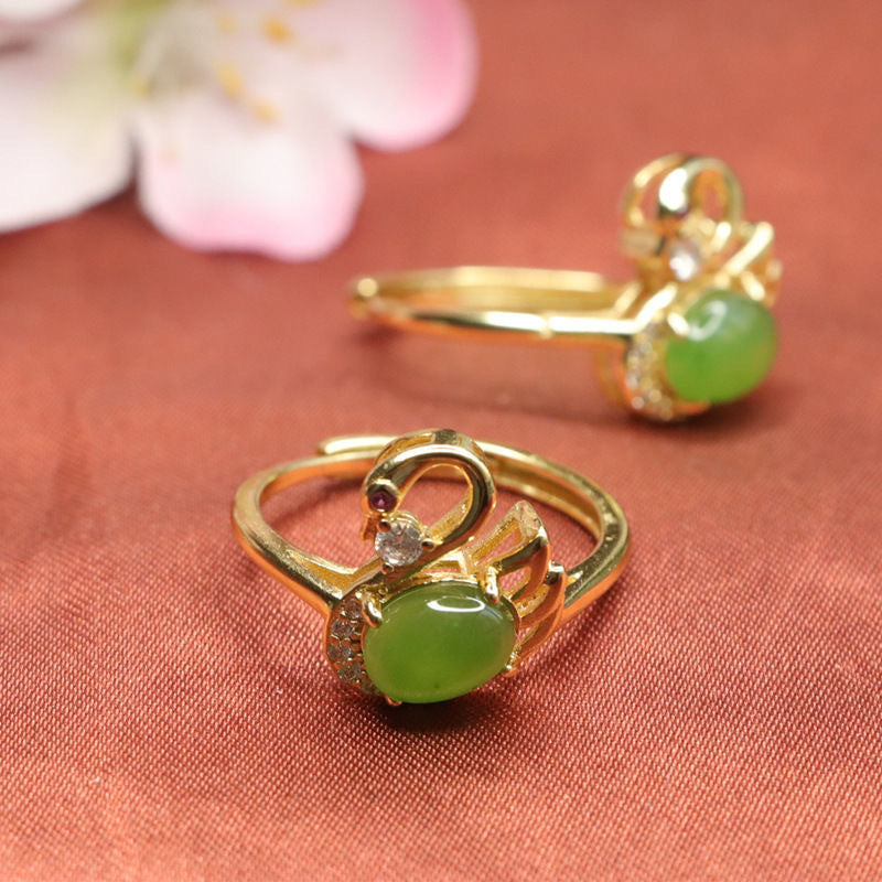 Fortune's Favor Adjustable Hetian Jade and Green Jasper Swan Zircon Ring