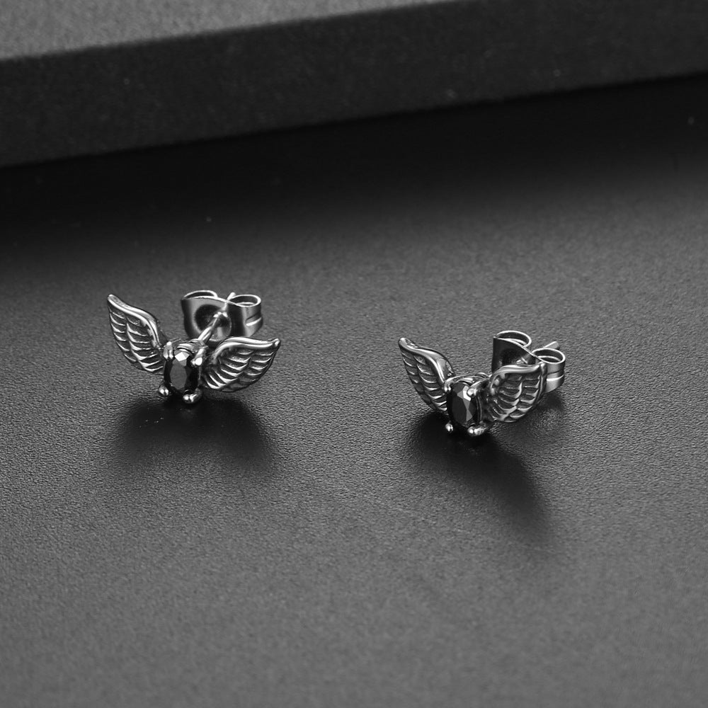 Personalized Titanium Steel Zircon Stud Earrings with Retro Wing Design for Men and Women