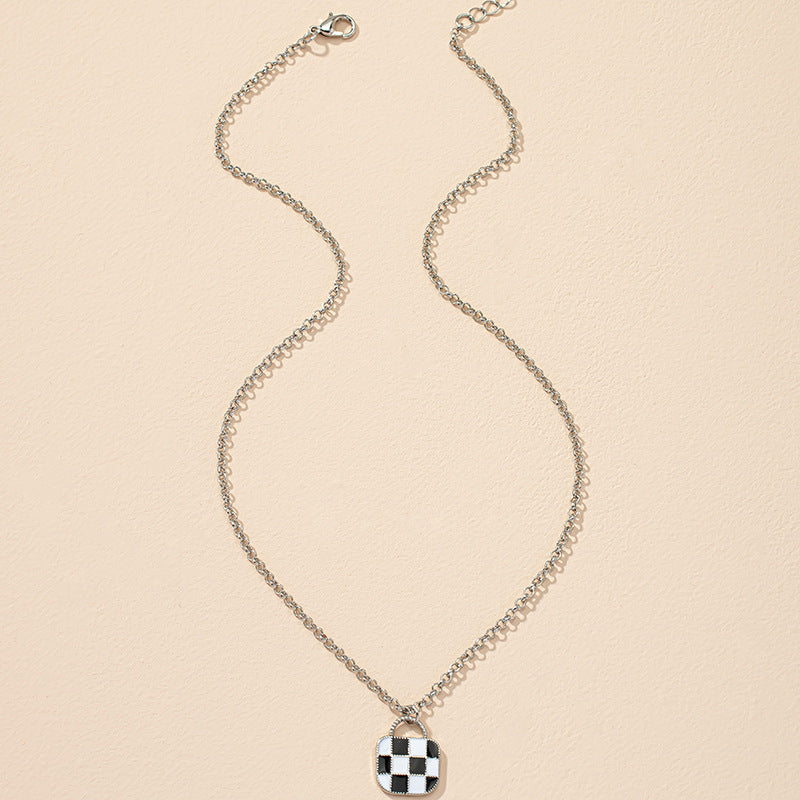 Sweet and Chic Monochrome Checkerboard Cross-border Necklace with Eight Diagrams Pendant