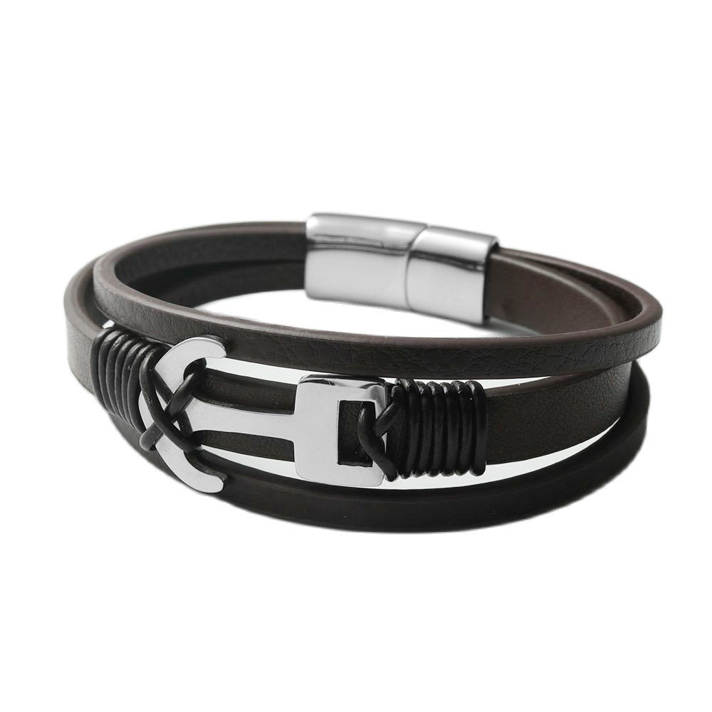 Titanium Steel Woven Anchor Leather Bracelet for Men - Personalized Punk Style