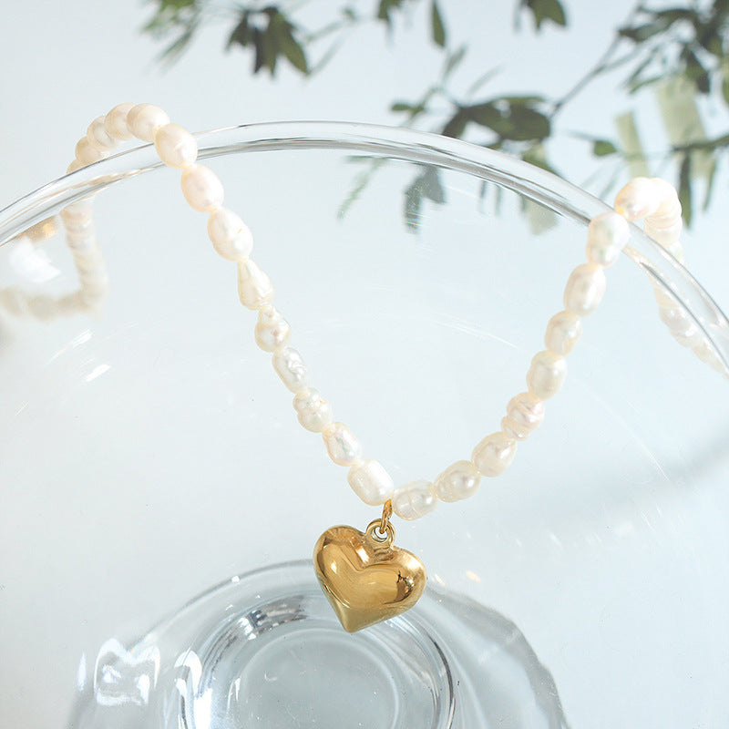 Oval Freshwater Pearl Necklace with Gold Heart Pendant - Elegant Titanium Plated Jewelry