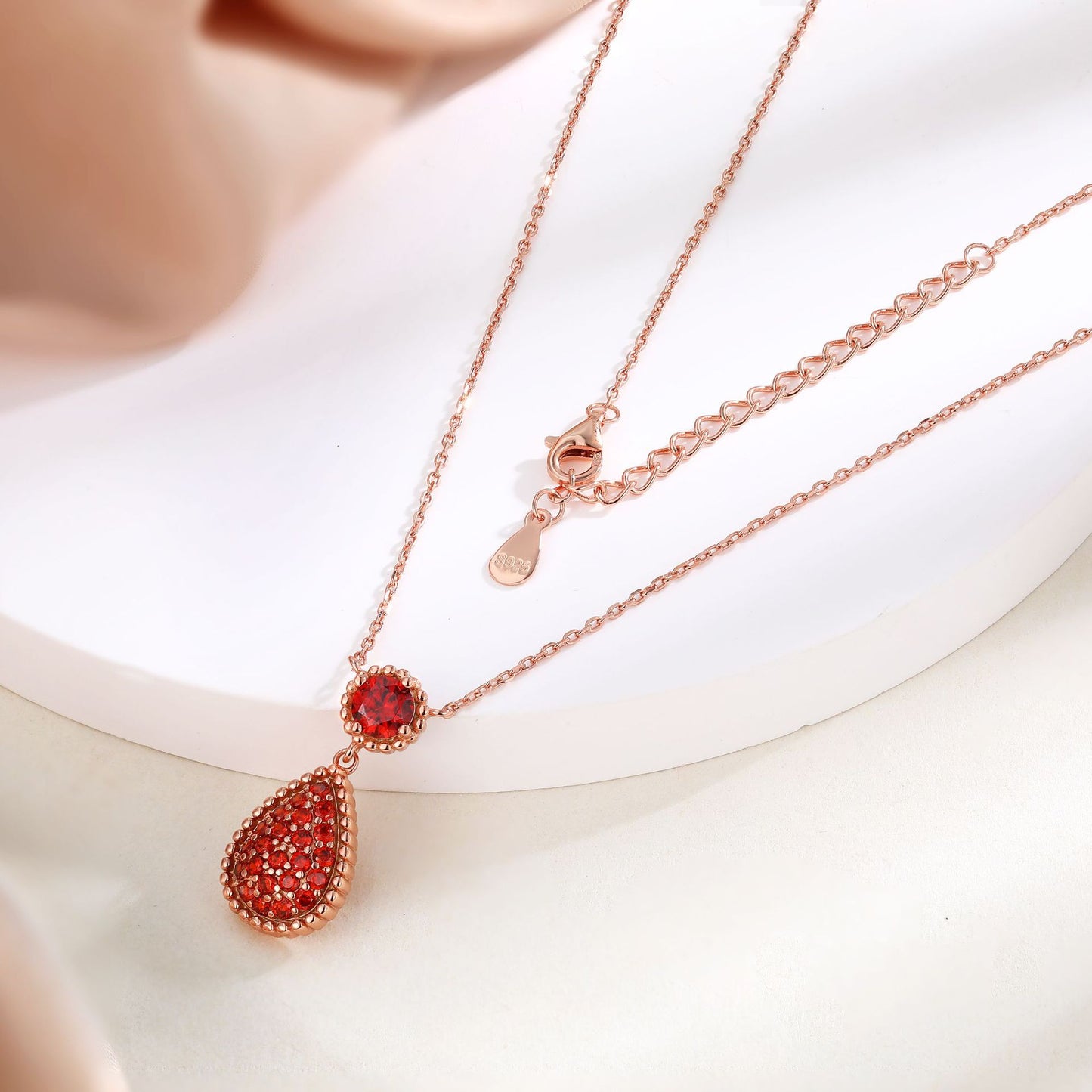 Water Droplet Pendant Round Red Garnet Sterling Silver Necklace