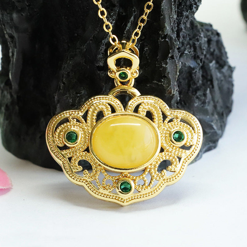 Palatial Style Beeswax Amber and Green Zircon Hollow Ruyi Pendant in Natural Sterling Silver