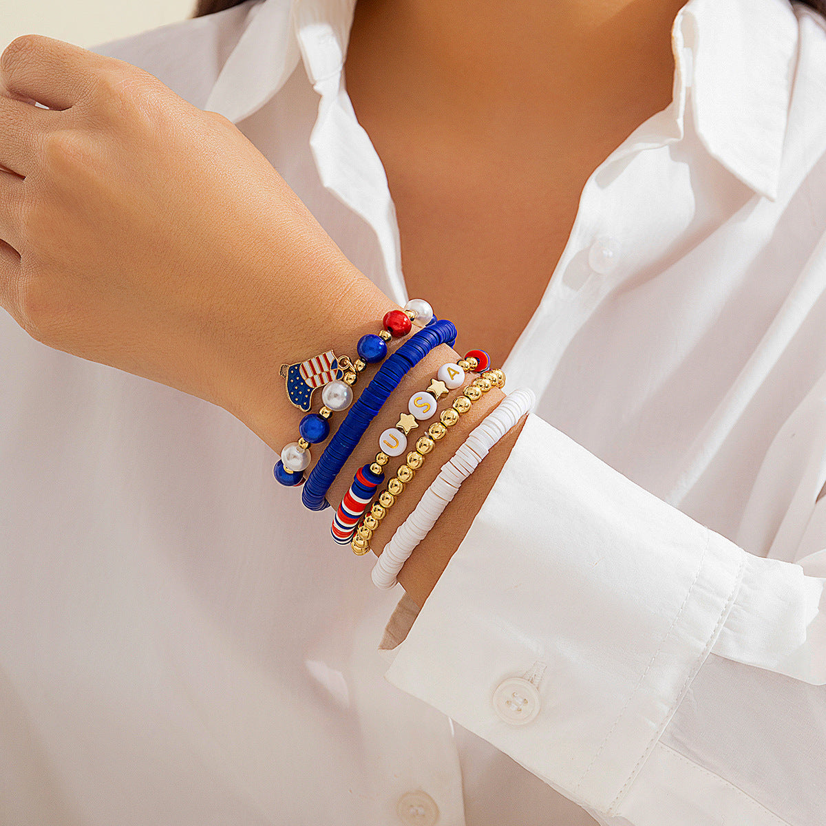 Colorful Handcrafted Bracelet Set with Soft Pottery Beads and Patriotic Charms for Women