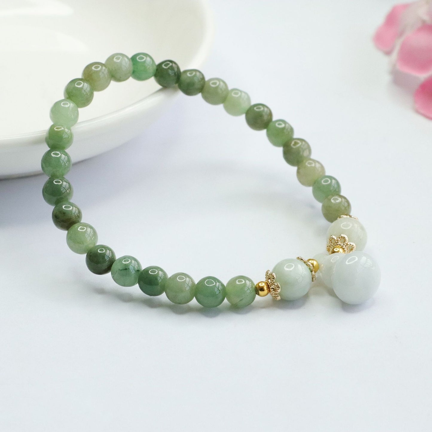 Green Jade Gourd Bracelet with Sterling Silver Needle