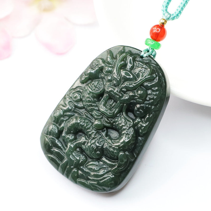 Dragon Rider Natural Black Green Hotan Jade Sterling Silver Necklace