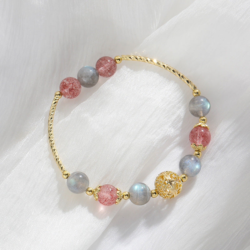 Strawberry Crystal Moonlight Stone Bracelet for Women - Romantic Peach Blossom Hollow Ball Lover's Day Gift