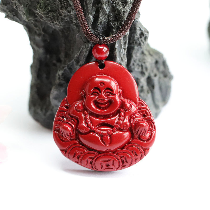 Fortune's Favor Cinnabar Buddha Pendant with Gold Sand and Purple Money Stone