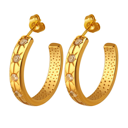 Exquisite 18K Gold C-Shaped Earrings with Zircon Inlay for Women