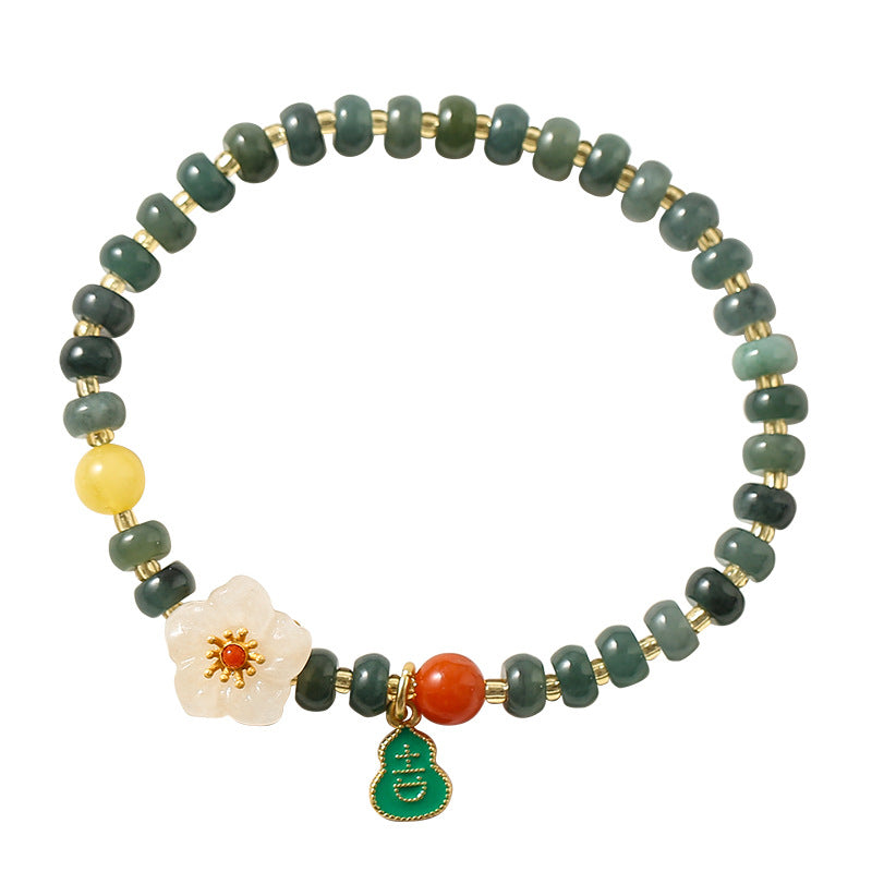 Fortune's Favor S925 Silver and Natural Jade Beaded Bracelet with Small Peach Blossom Design