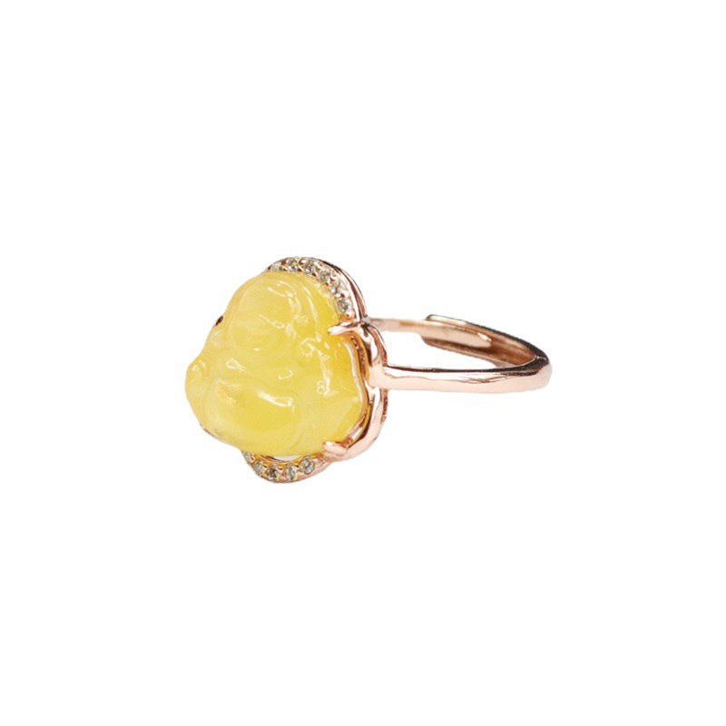 S925 Sterling Silver Adjustable Buddha Ring with Beeswax Amber