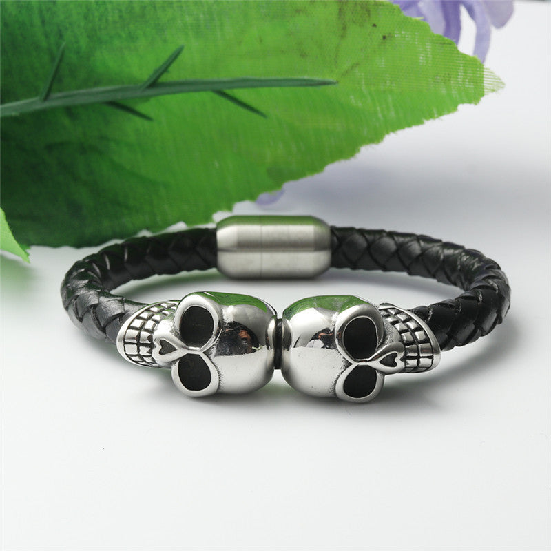 Titanium Steel Double Skull Bracelet: Edgy Punk Style for Men