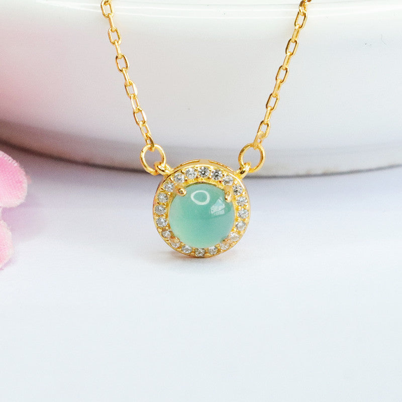 Elegant 925 Sterling Silver Natural Jade Ice Blue Green Round Bead Zircon Halo Necklace