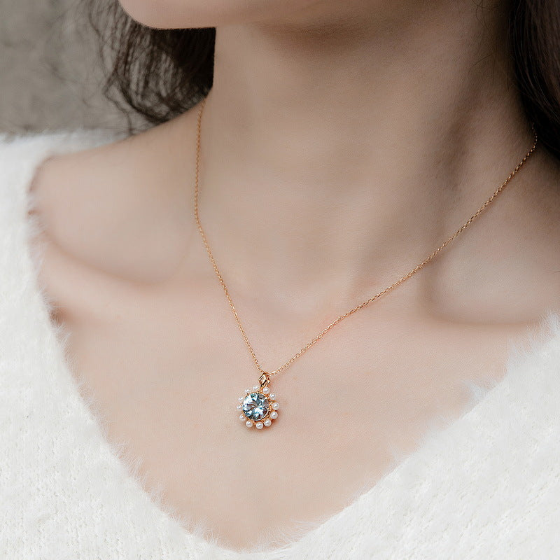 Round Sky Blue Topaz Pendant Pearl Sterling Silver Necklace