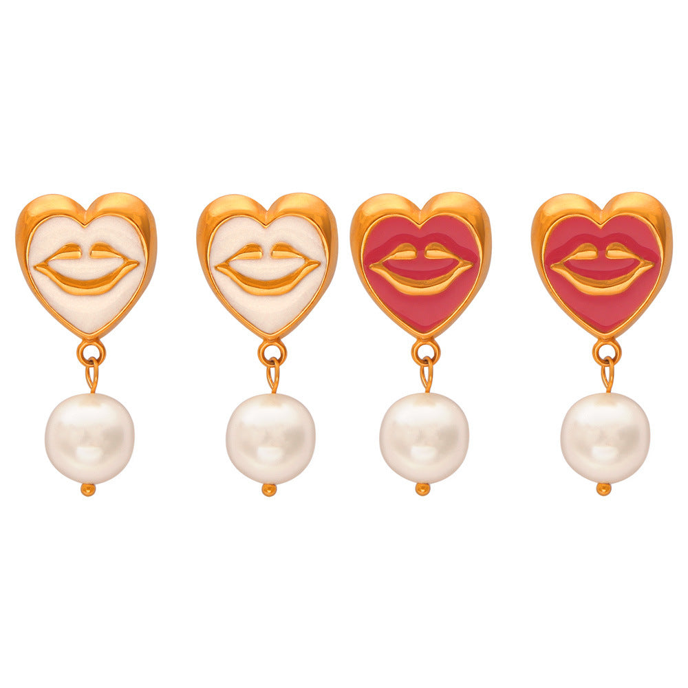 Enamel Glaze Heart Smile Earrings with Shell Bead Accent