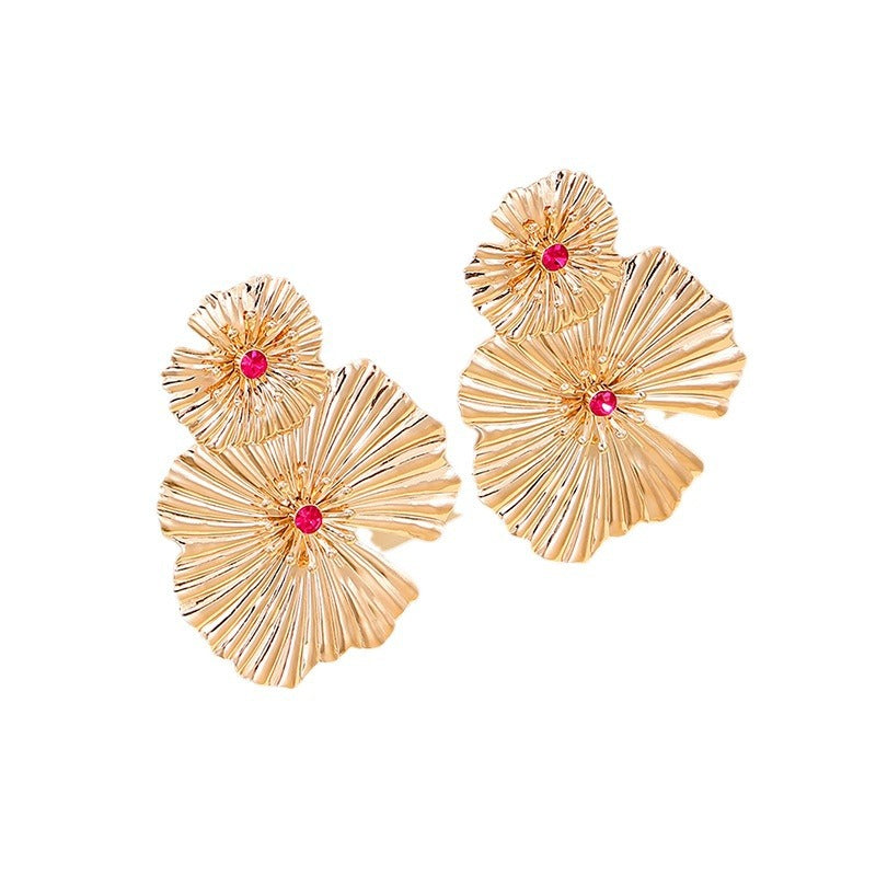 Glamorous Oversized Metal Sequin Earrings with Floral Ruffles - Trendy Women's Summer Jewelry