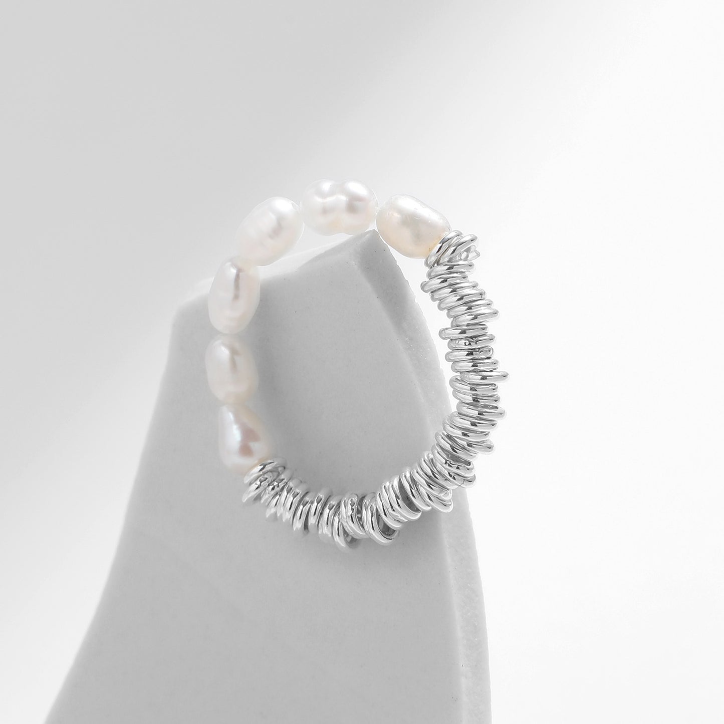 Sterling Silver Baroque Pearl Elastic Rope Ring by Planderful Collection