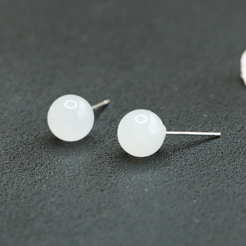 S925 Sterling Silver White Jade Bead Stud Earrings