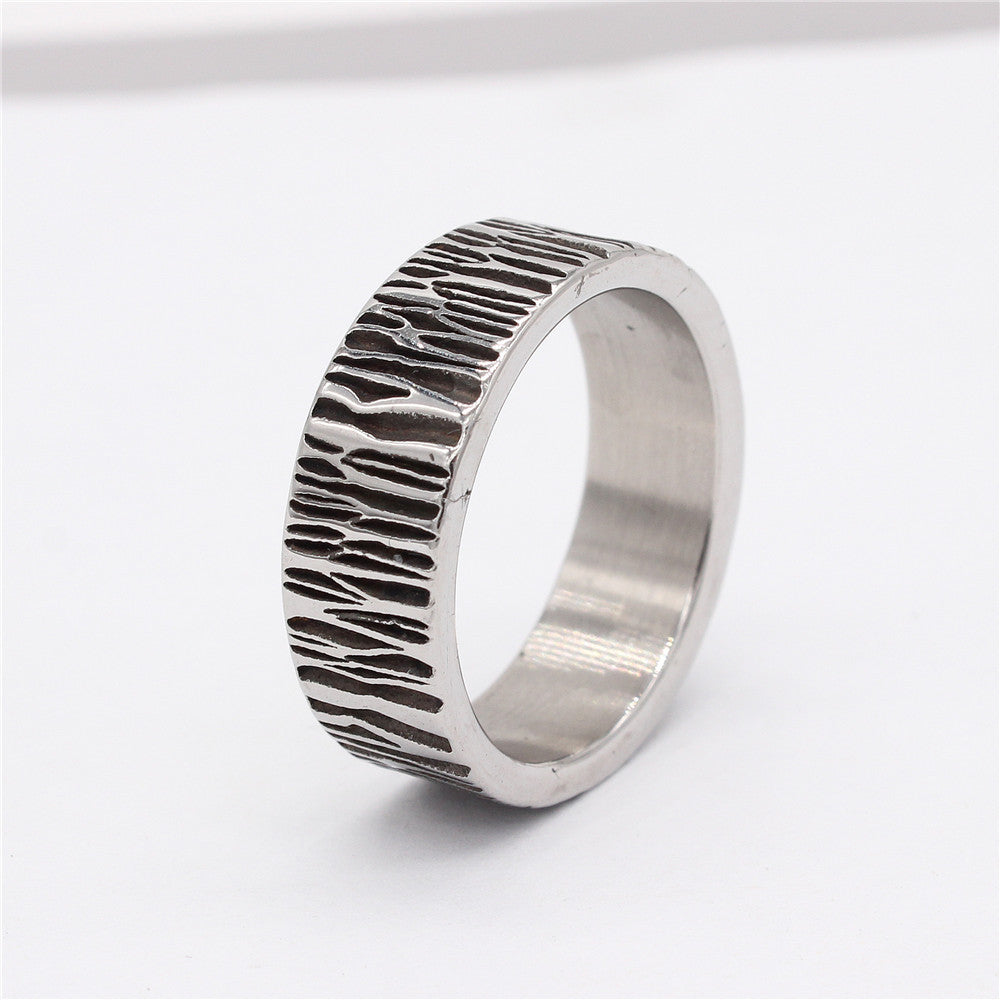 European and American Retro Cold Wind Titanium Steel Ring - Tree Bark Pattern Men's Ring