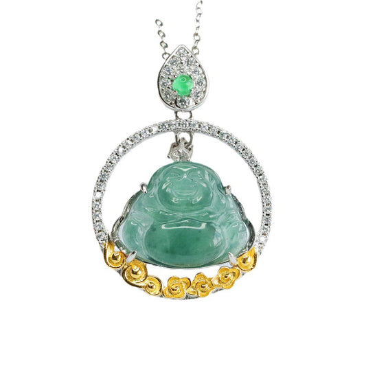 Buddha Green Jade Silver Necklace with Zircon Accents